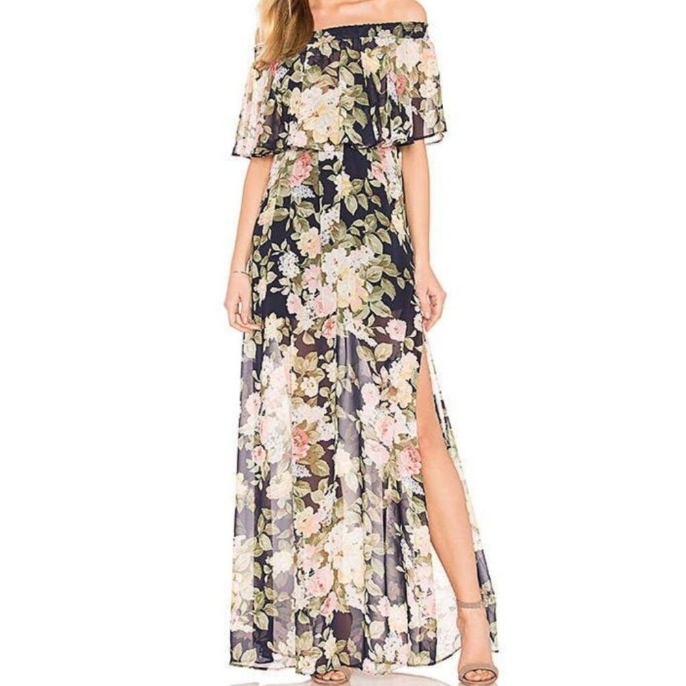 Show Me Your Mumu Hacienda Maxi Dress Sz Medium Party Blossom Blue Off Shoulder
